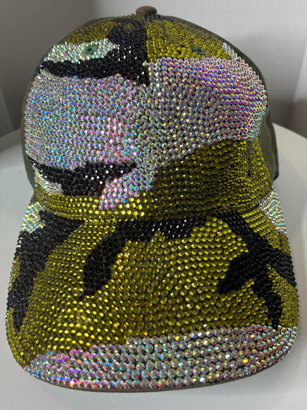 Custom Rhinestone Camo Baseball Cap - Olive/Black
